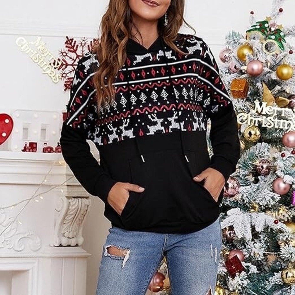 Christmas Sweater for Women Xmas Printed Casual Hooded Long Sleeve Pullover Sz L